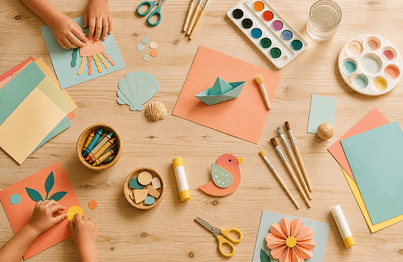 Materiales de colores preparados para un taller infantil