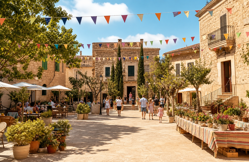 Plaza mallorquina decorada para una fiesta popular