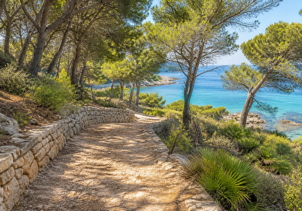 Sendero mediterráneo con vistas al mar en la Serra de Tramuntana